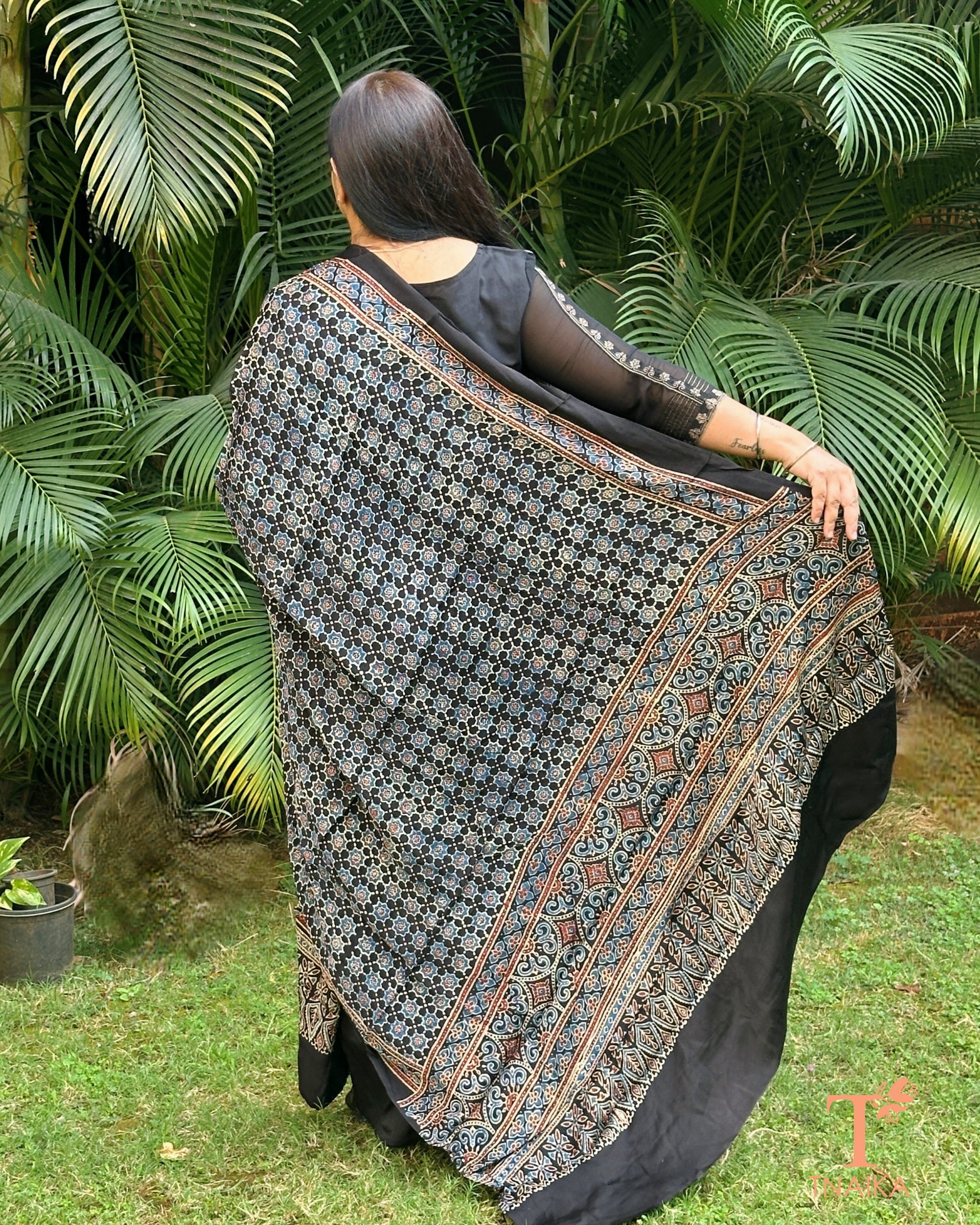 Lightweight Ajrakh dupatta in modal silk with detailed border