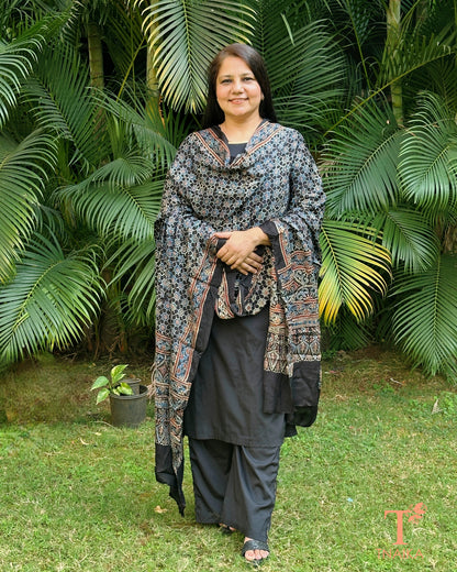 Handblock Ajrakh modal silk dupatta with rich pattern design