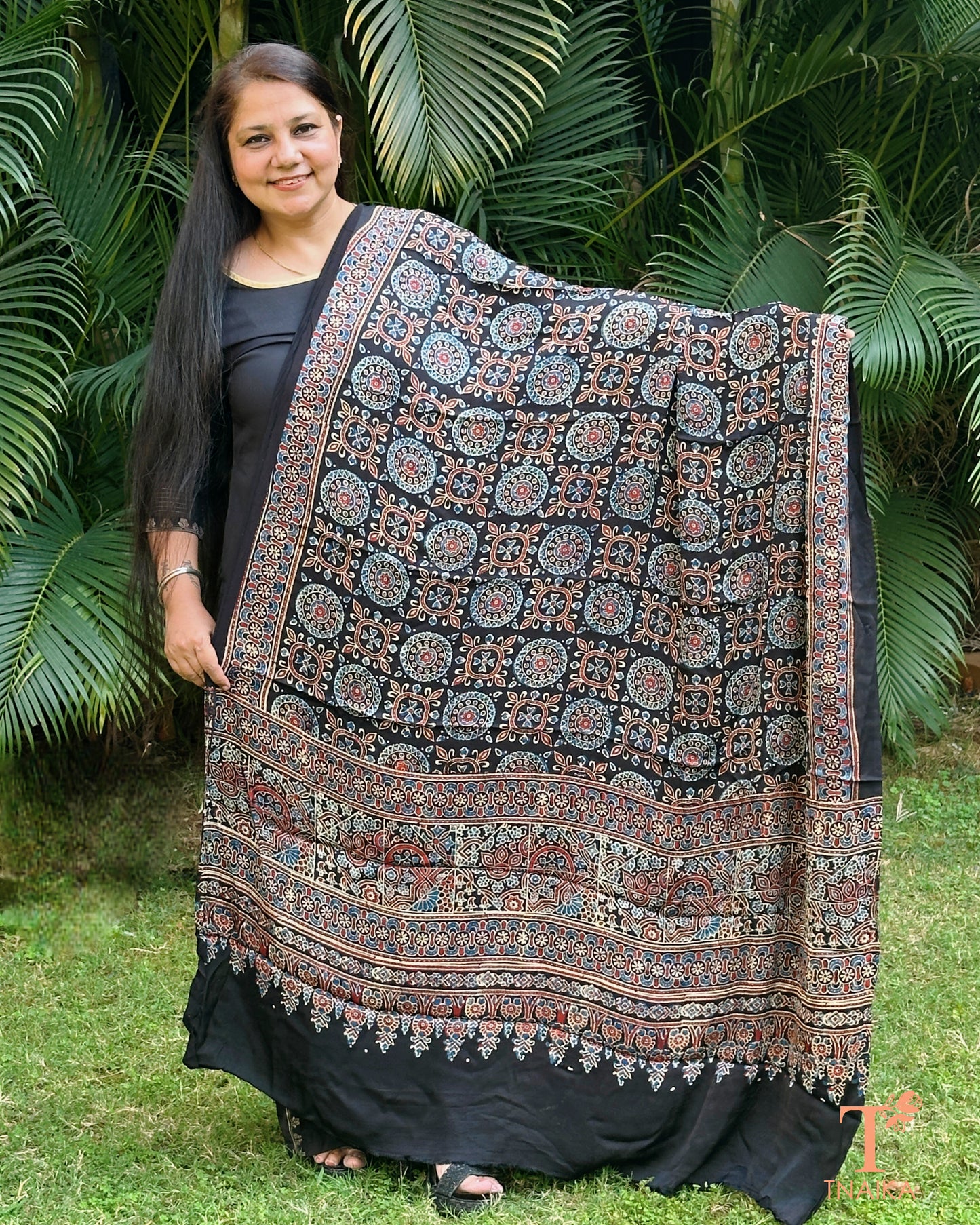 Traditional Ajrakh modal silk dupatta with artistic detailing