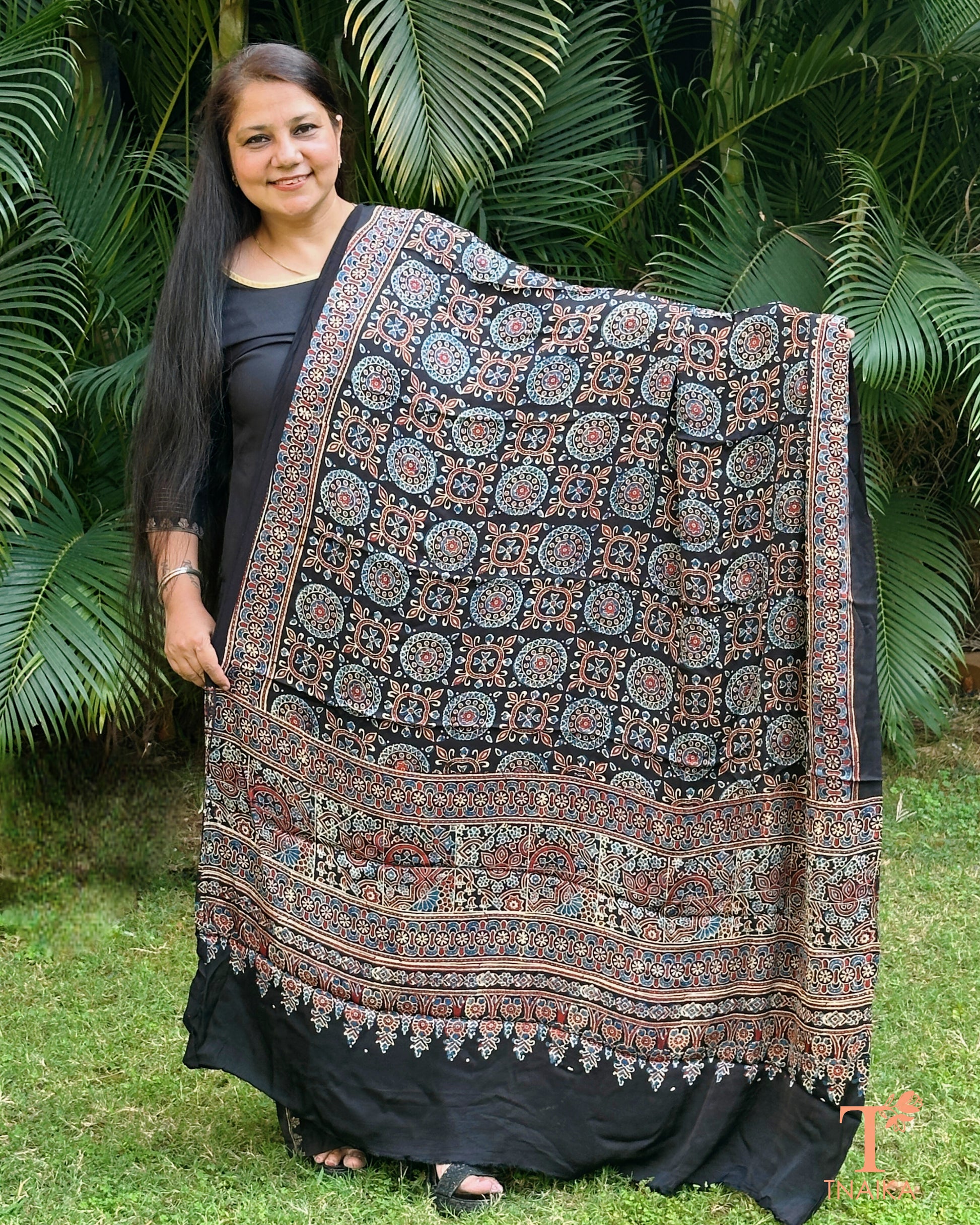 Traditional Ajrakh modal silk dupatta with artistic detailing
