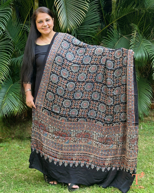 Traditional Ajrakh modal silk dupatta with artistic detailing