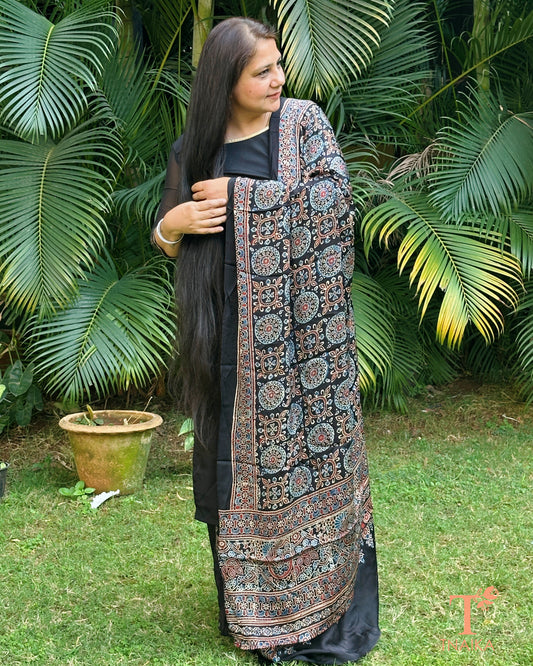 Ajrakh dupatta with fine motifs and smooth modal silk texture