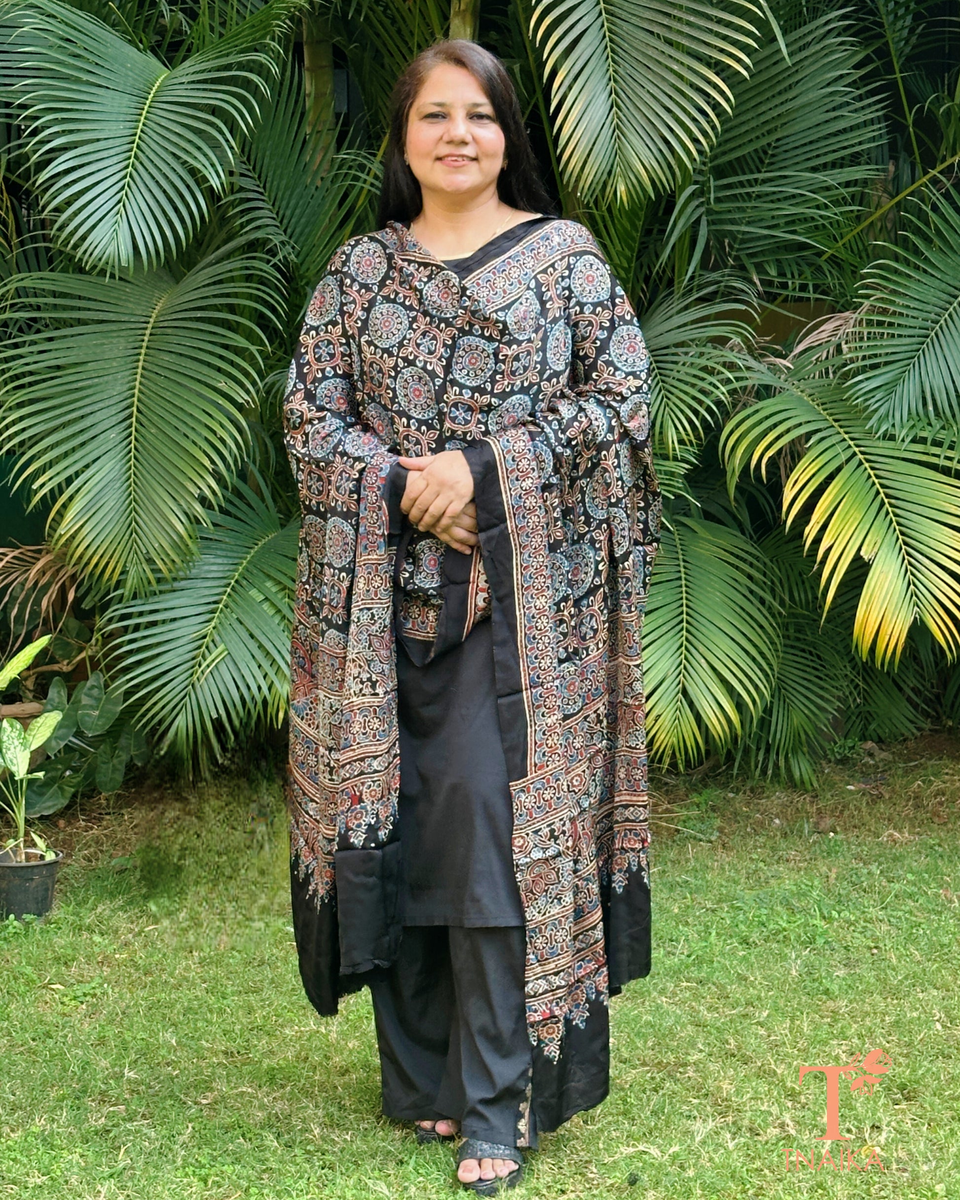 Elegant modal silk dupatta featuring classic Ajrakh prints