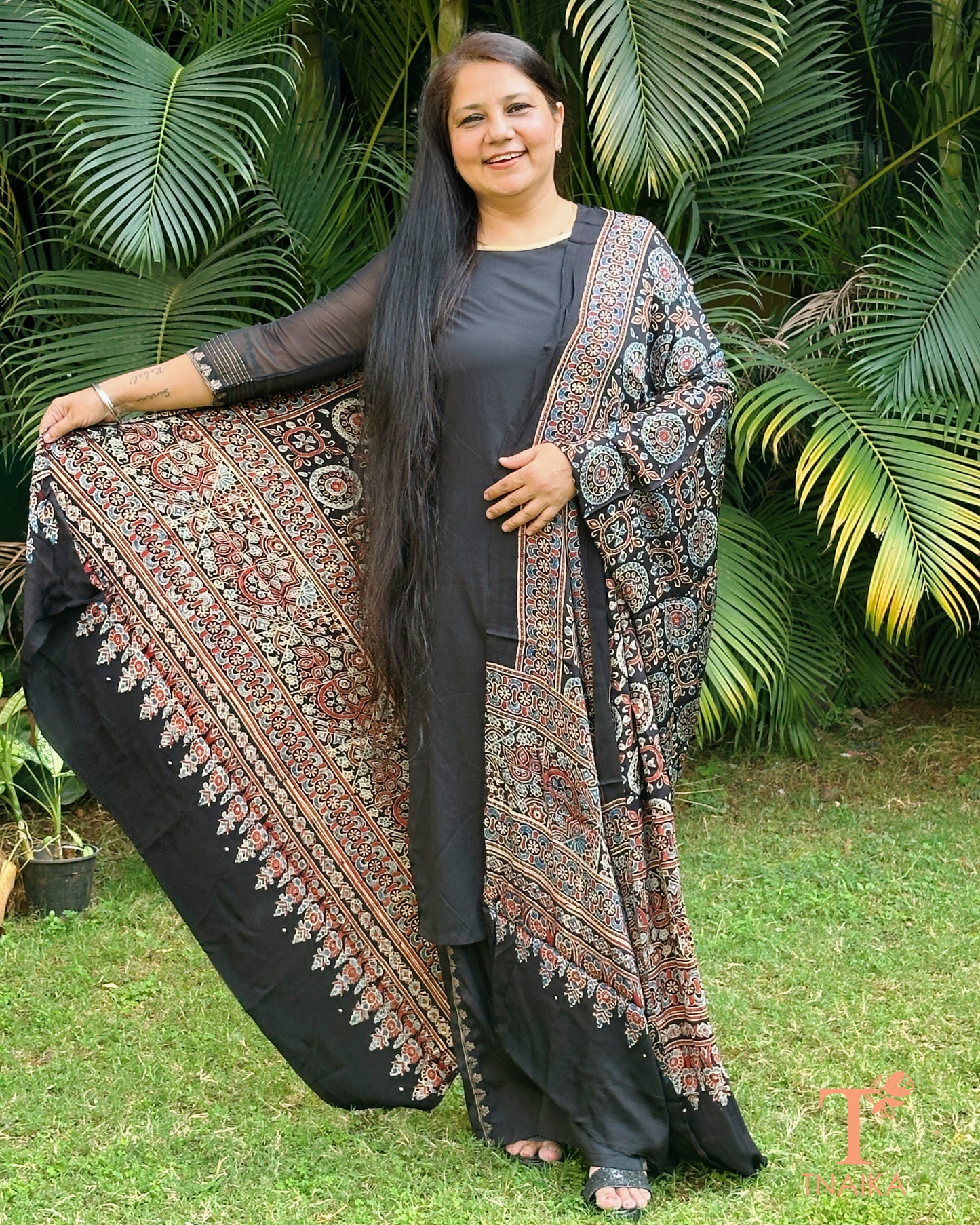 Handblock Ajrakh modal silk dupatta with rich pattern design