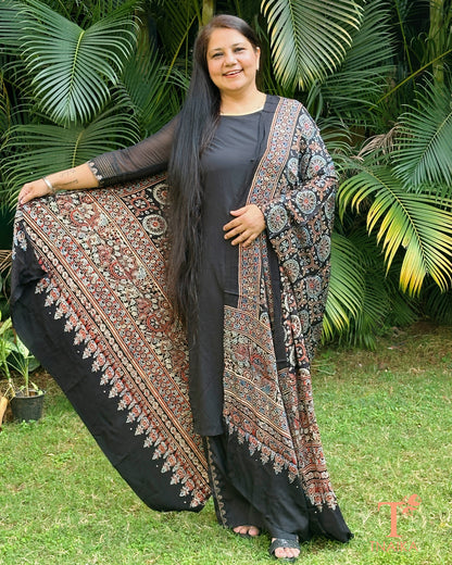 Handblock Ajrakh modal silk dupatta with rich pattern design