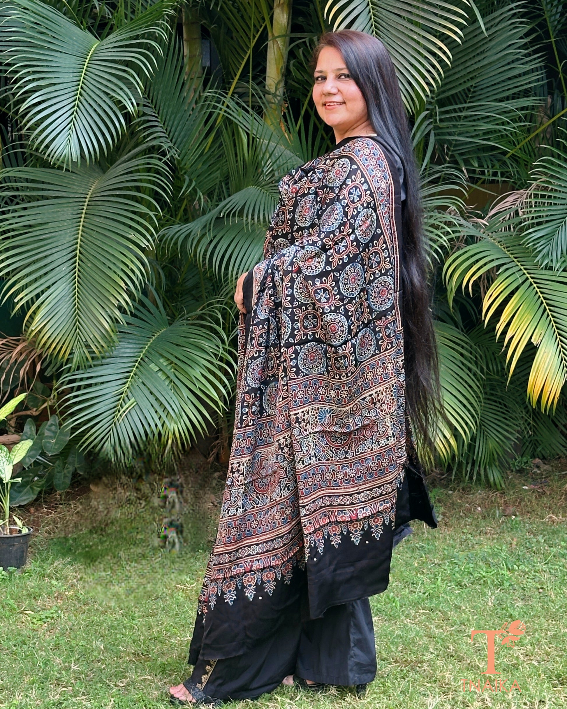 Ajrakh printed modal silk dupatta with traditional block patterns
