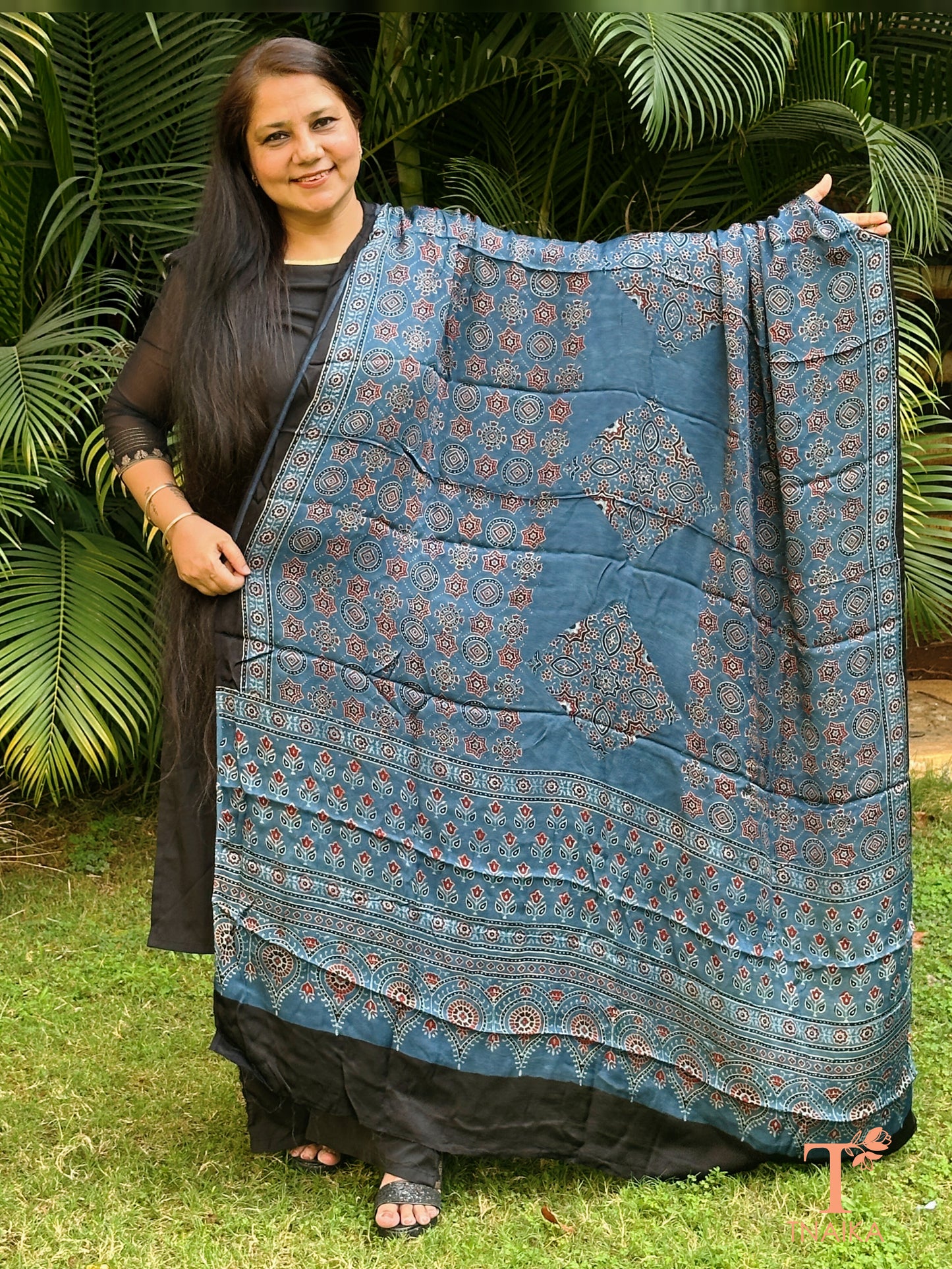Lightweight Ajrakh dupatta in modal silk with detailed border