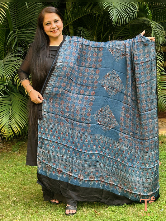 Lightweight Ajrakh dupatta in modal silk with detailed border