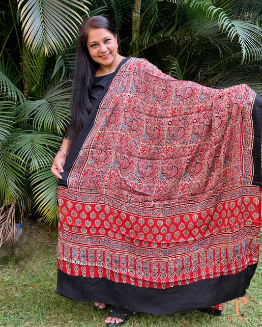 Ajrakh printed modal silk dupatta with traditional block patterns