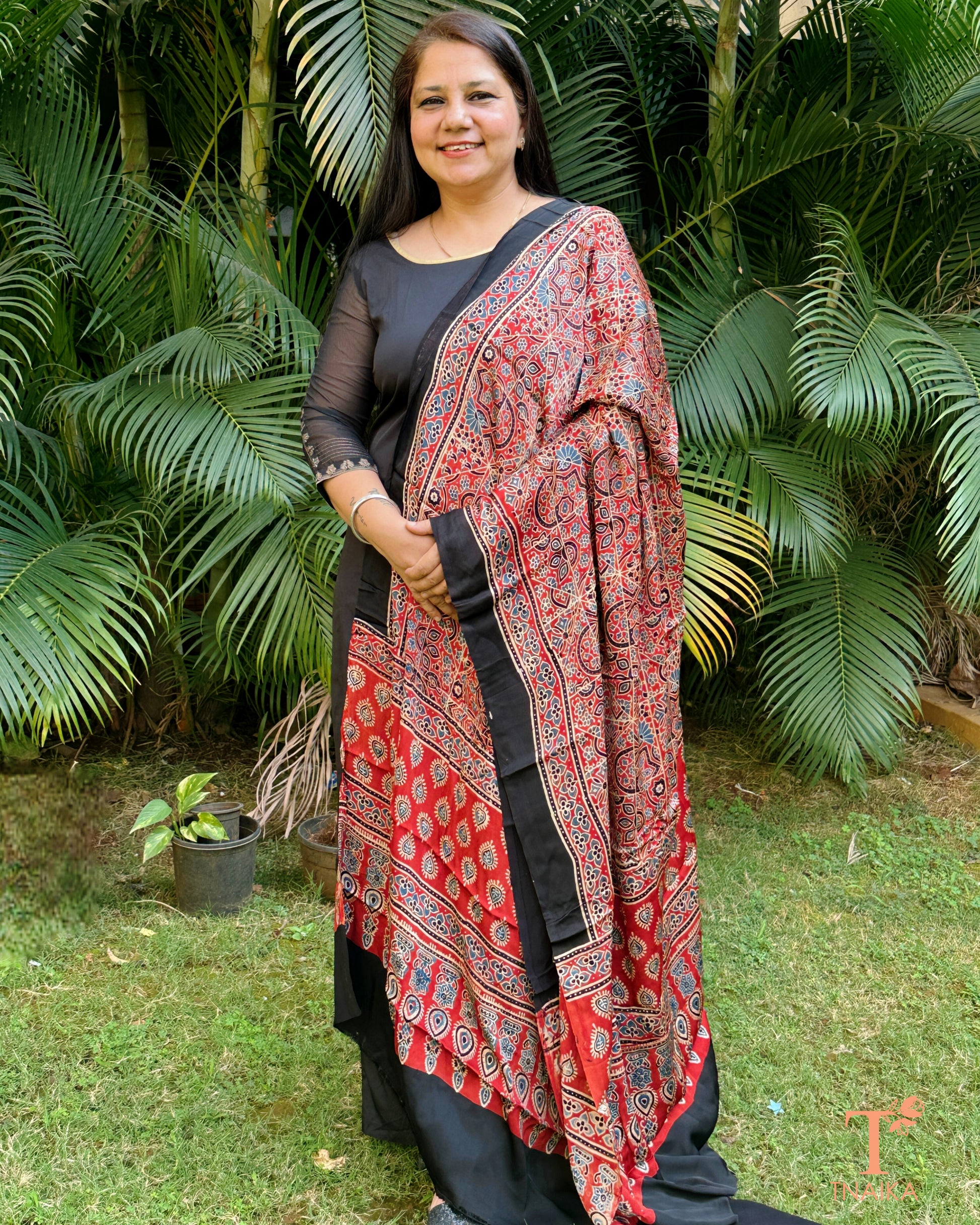 Lightweight Ajrakh dupatta in modal silk with detailed border