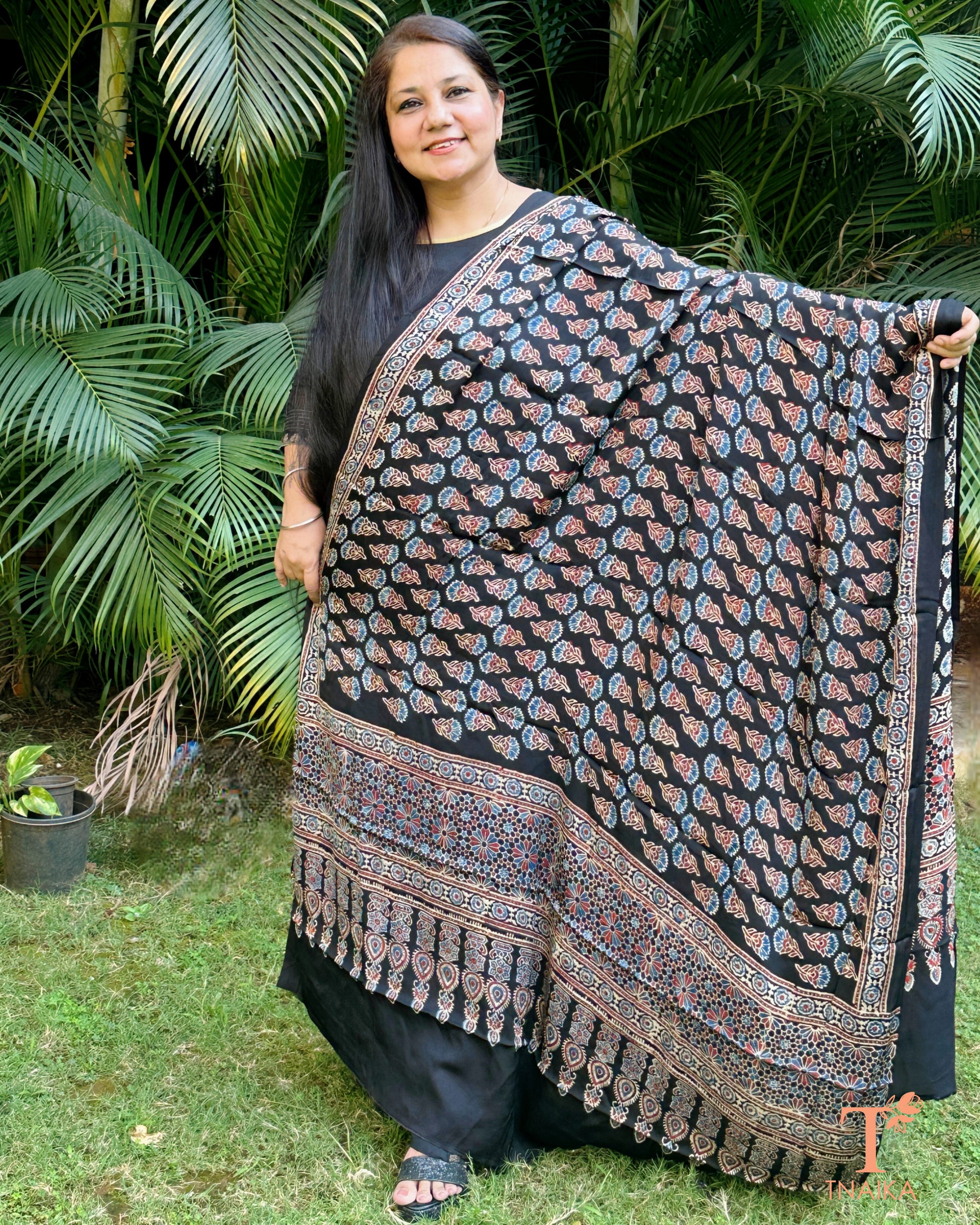Handblock Ajrakh modal silk dupatta with rich pattern design