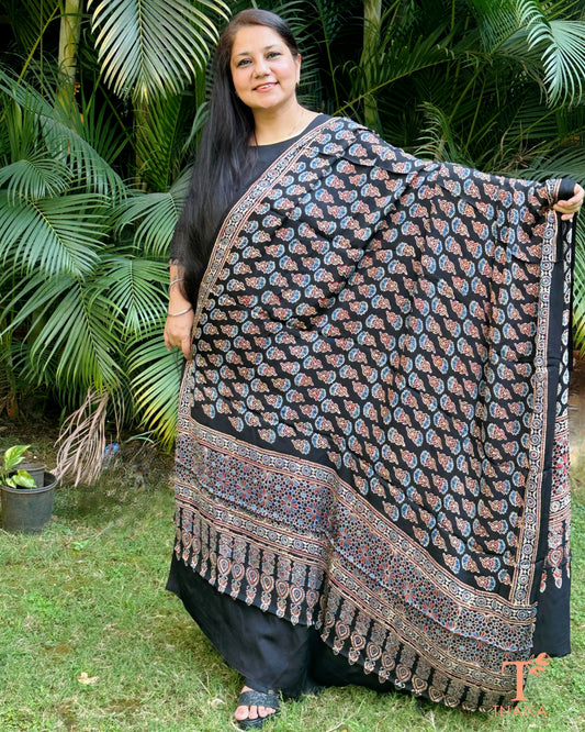 Handblock Ajrakh modal silk dupatta with rich pattern design