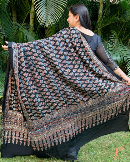 Ajrakh printed modal silk dupatta with traditional block patterns