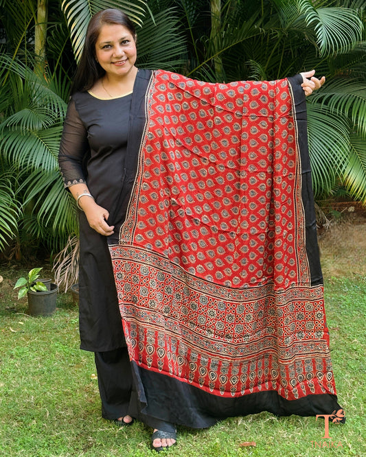 Handblock Ajrakh modal silk dupatta with rich pattern design