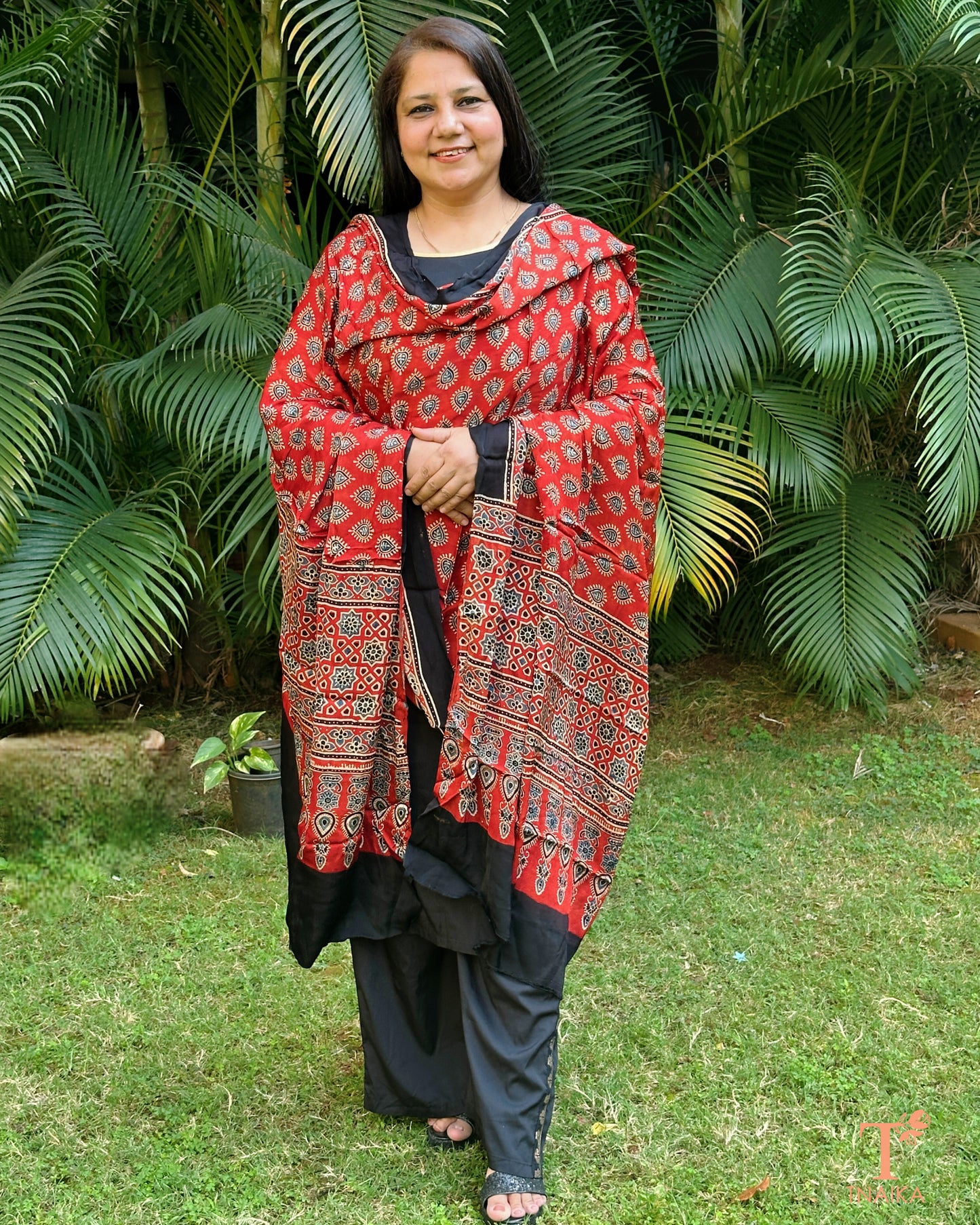 Ajrakh dupatta with fine motifs and smooth modal silk texture