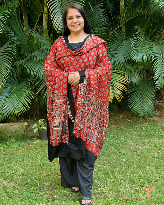 Ajrakh dupatta with fine motifs and smooth modal silk texture