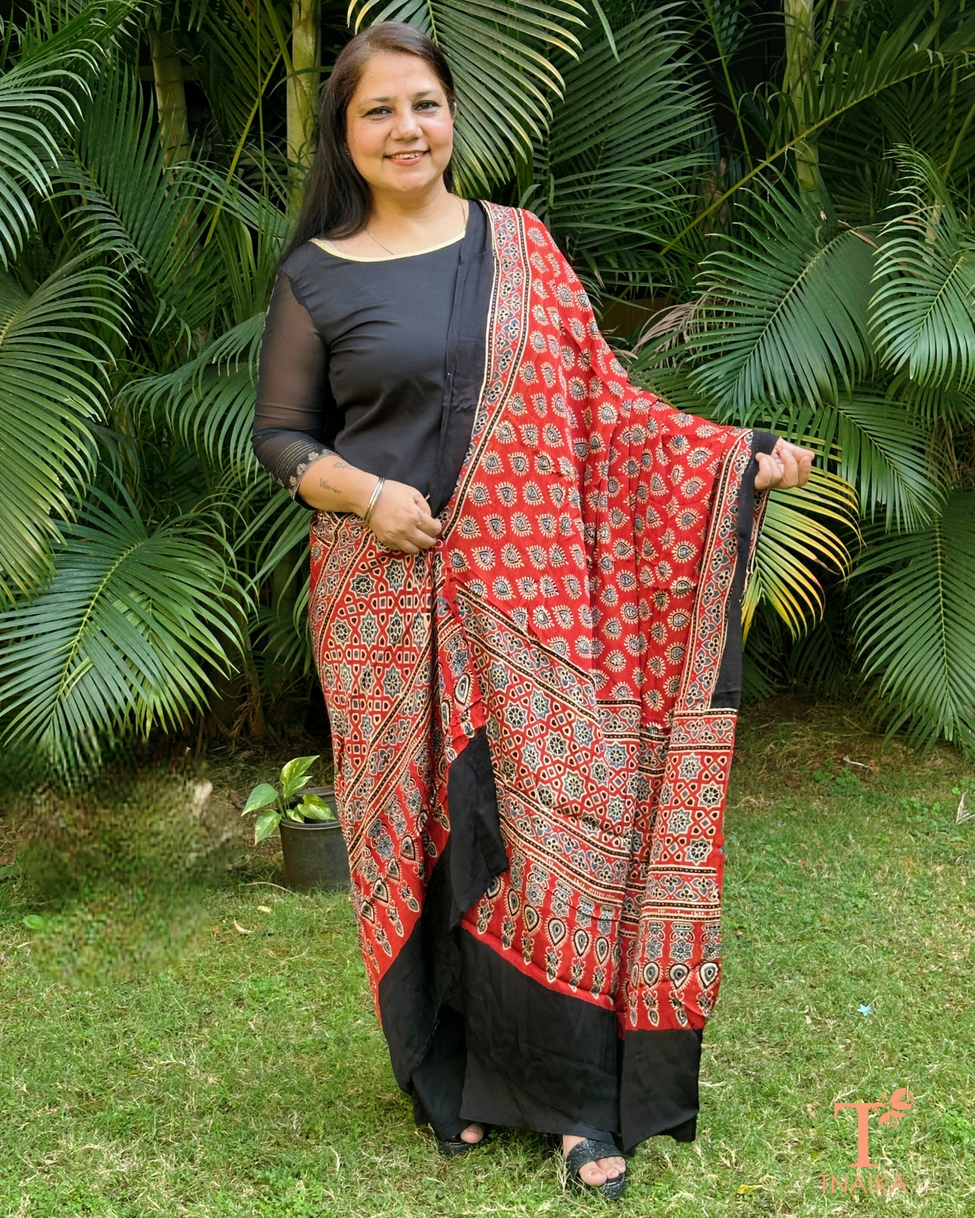 Traditional Ajrakh modal silk dupatta with artistic detailing