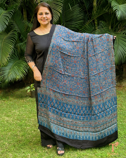 Ajrakh printed modal silk dupatta with traditional block patterns