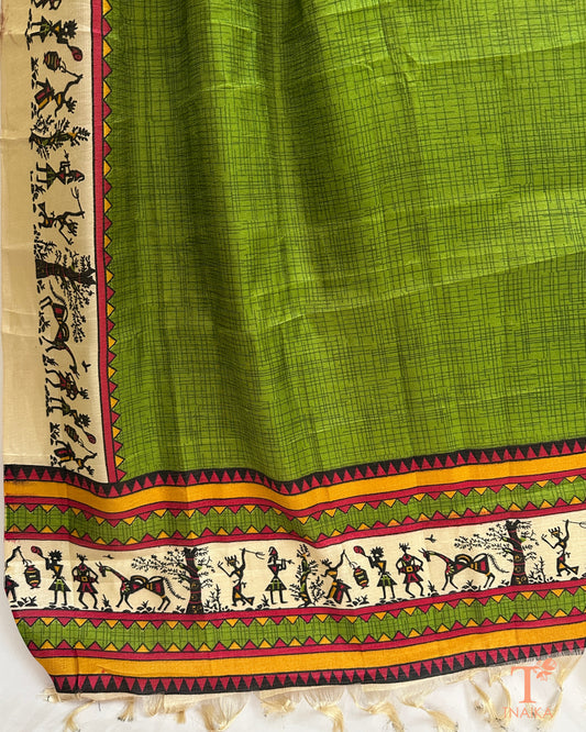 Ethnic dupatta featuring geometric and folk design with tassel finish