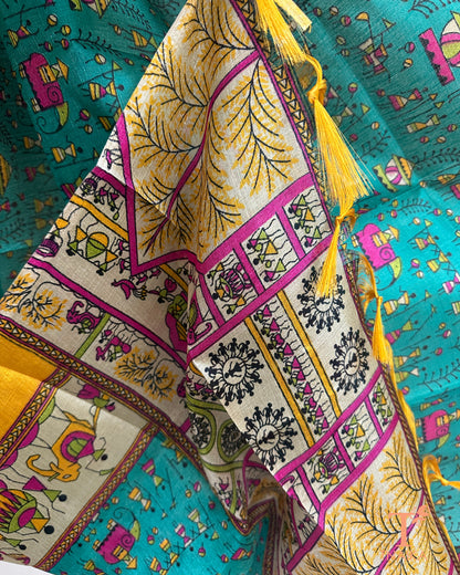 Ethnic dupatta featuring geometric and folk design with tassel finish