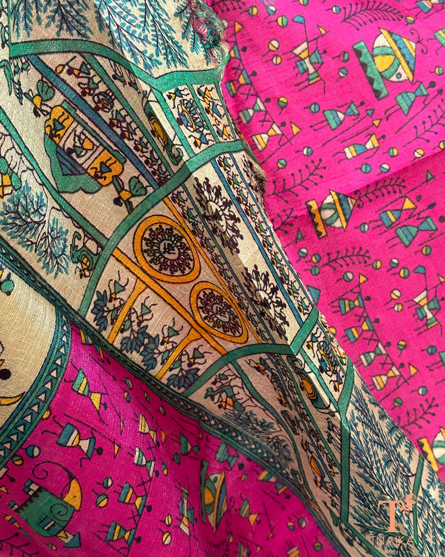 Ethnic dupatta featuring geometric and folk design with tassel finish