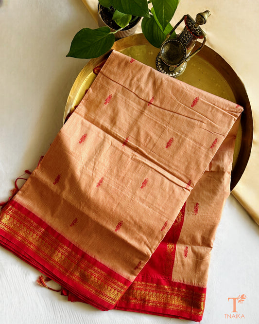 Lightweight cotton saree with intricate zari detailing on border