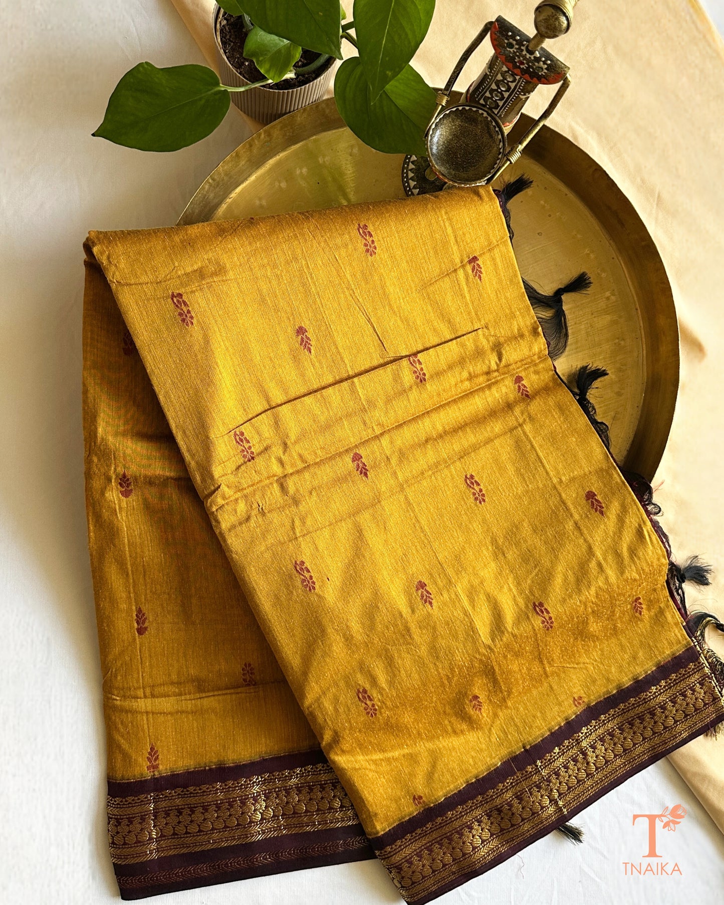 Cotton saree with zari woven border and subtle buti design