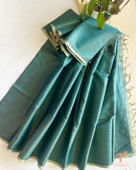 Green Chanderi tissue silk saree with soft sheen and running blouse