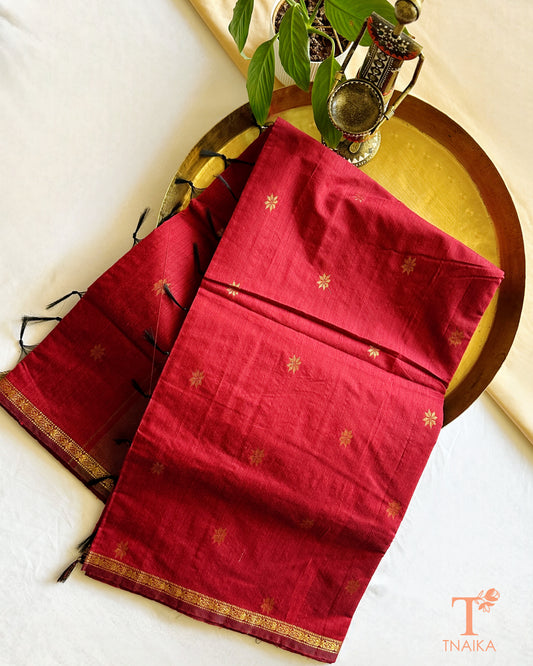 Maheshwari cotton saree with zari border and woven motifs