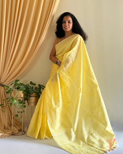 luxury linen saree for women with elegant gold detailing