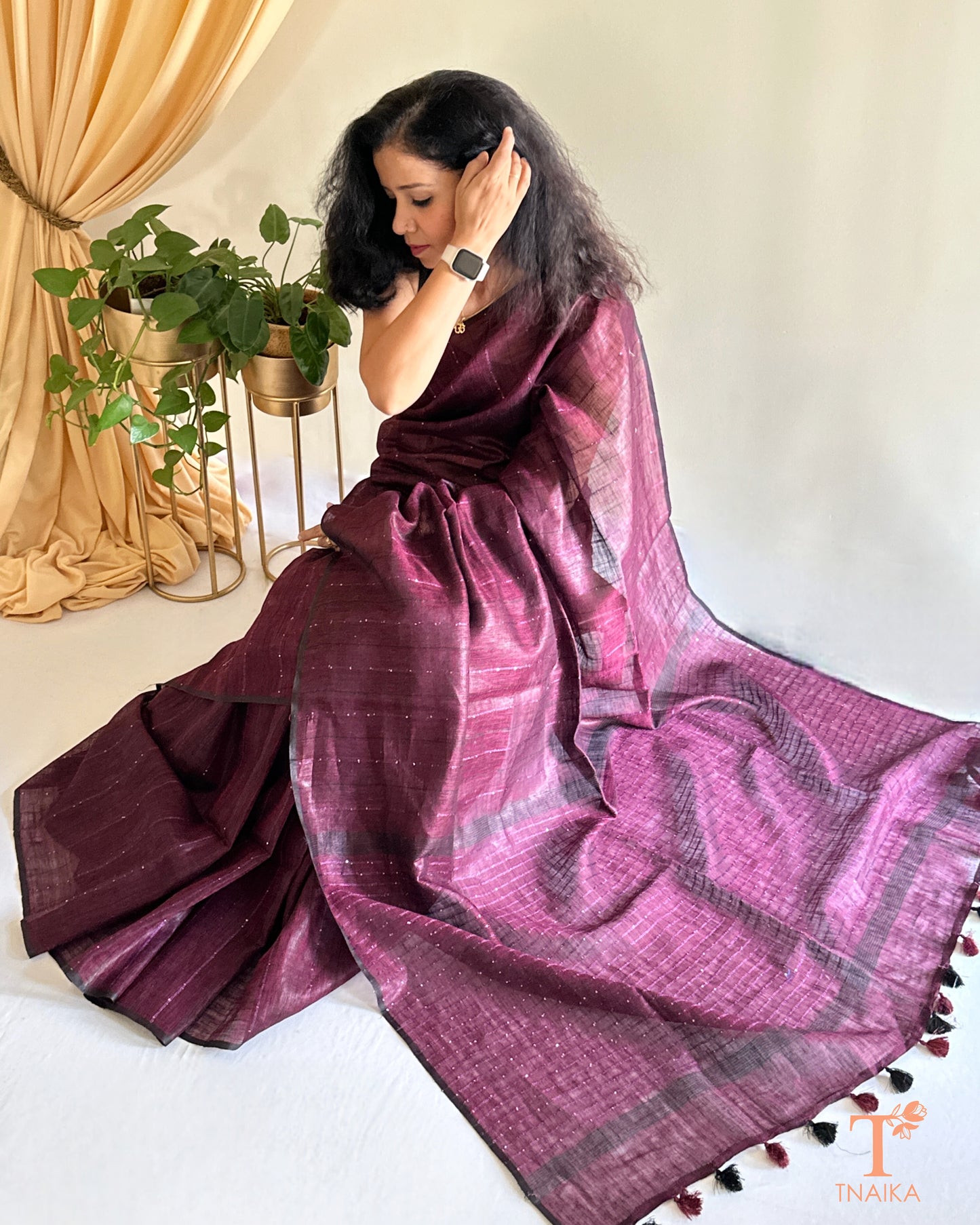 luxury linen saree for women with elegant sequence detailing