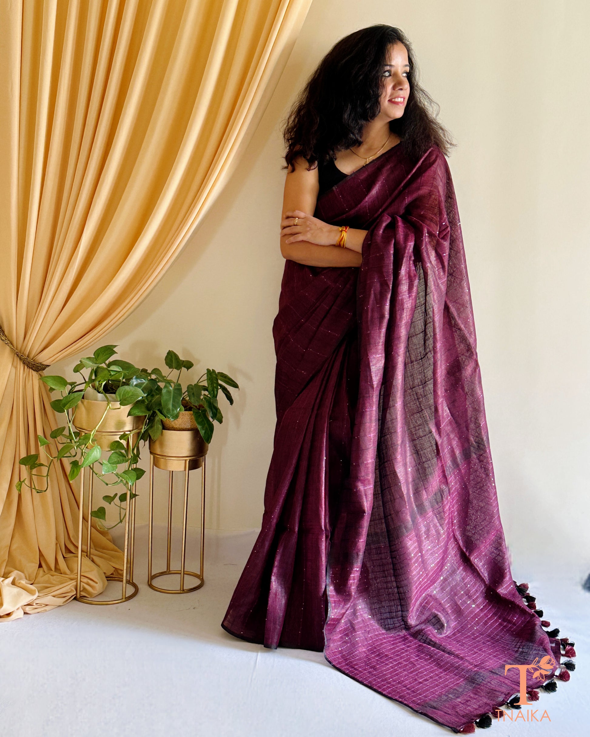premium linen saree with plain border and minimal design