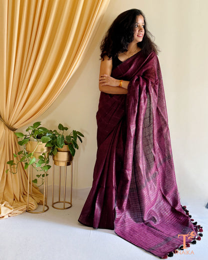 premium linen saree with plain border and minimal design