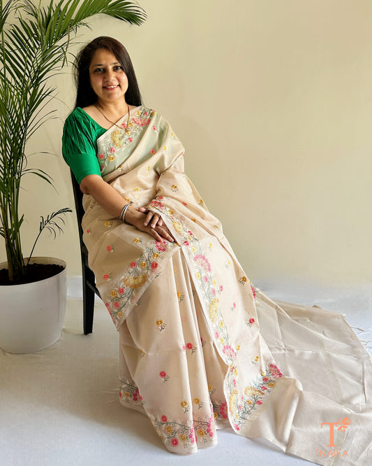 Lightweight kota silk saree featuring multicolor floral thread work border