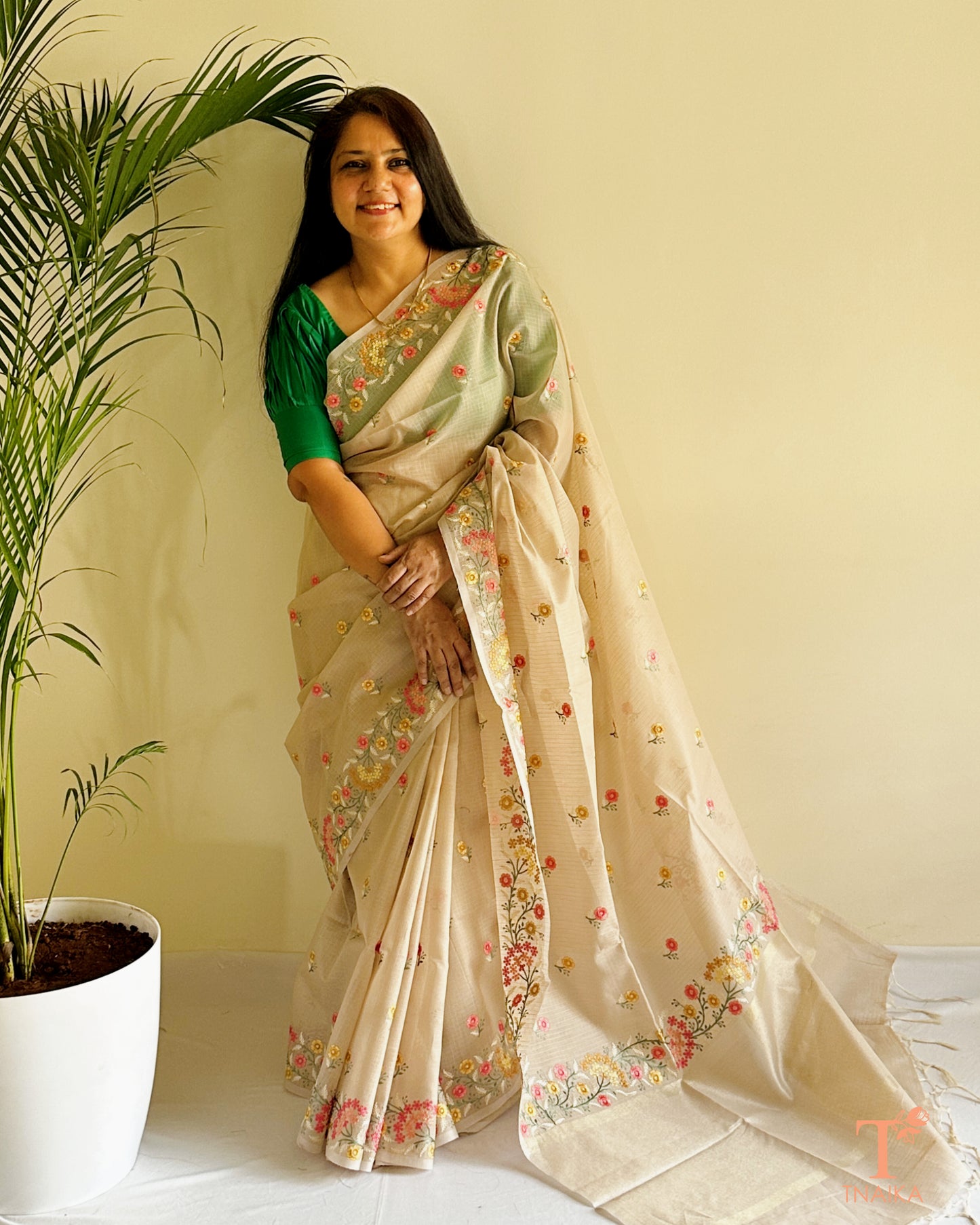 Premium kota silk saree with soft texture and colorful thread embroidered flowers