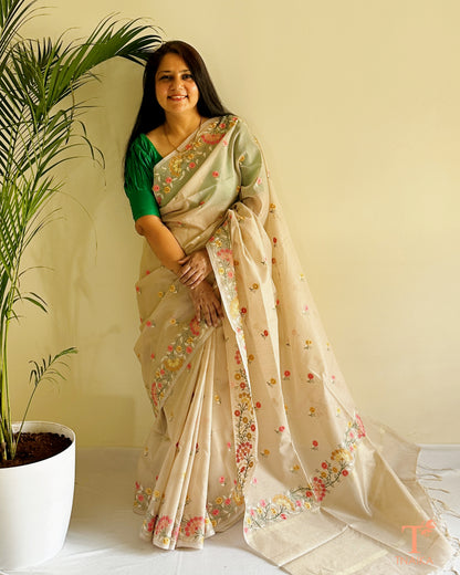 Premium kota silk saree with soft texture and colorful thread embroidered flowers
