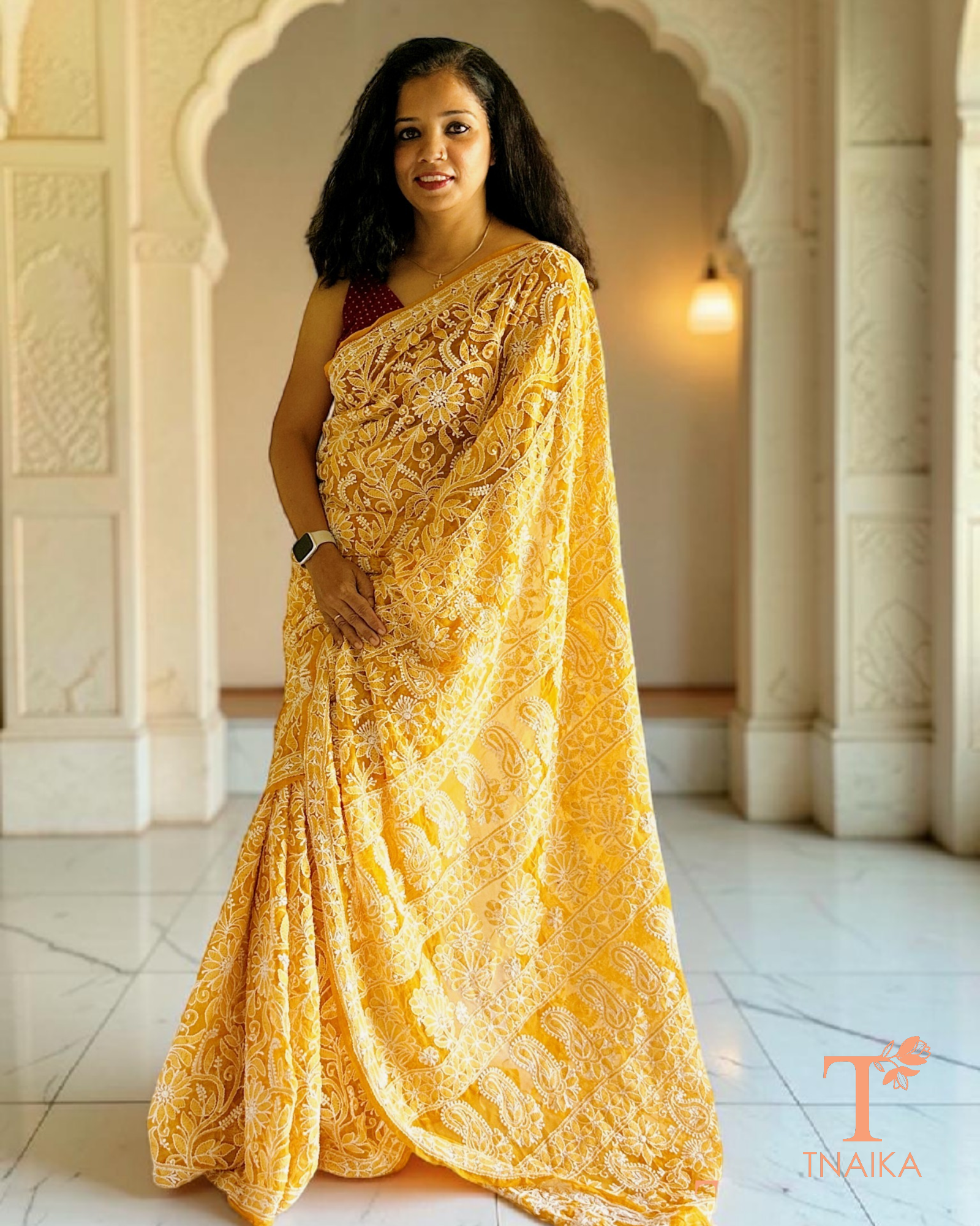 Premium mustard chikankari saree with dense all-over embroidery detailing