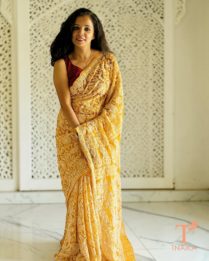 Mustard chikankari saree with full jaal hand embroidery in lightweight fabric