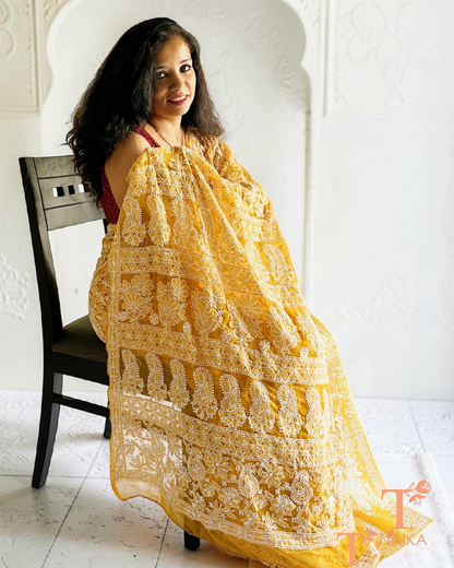 Handcrafted mustard chikankari saree with intricate full jaal embroidery pattern