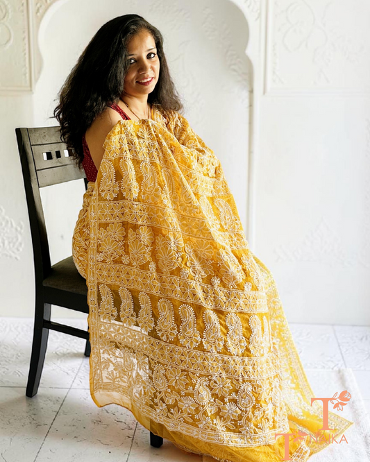 Handcrafted mustard chikankari saree with intricate full jaal embroidery pattern