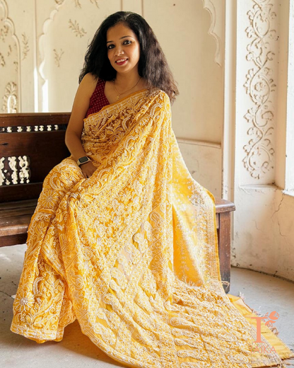 Mustard georgette chikankari saree with detailed all-over floral jaal work