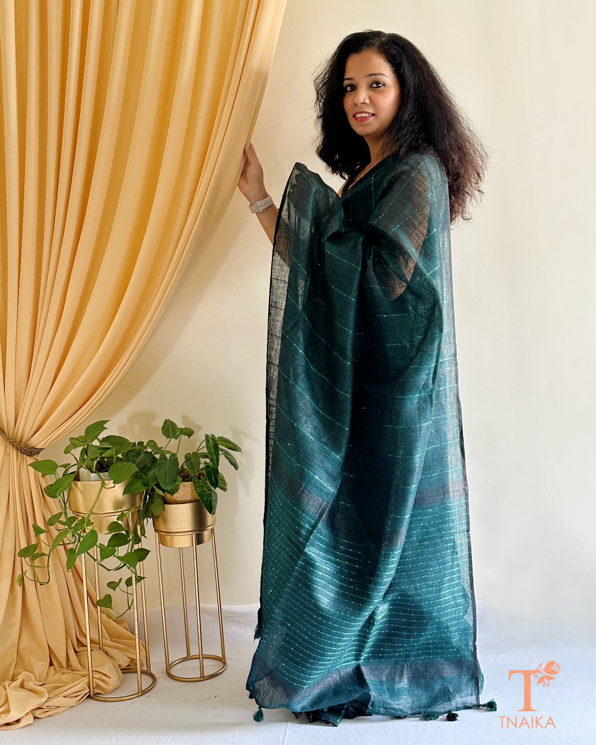 luxury linen saree for women with elegant sequence detailing