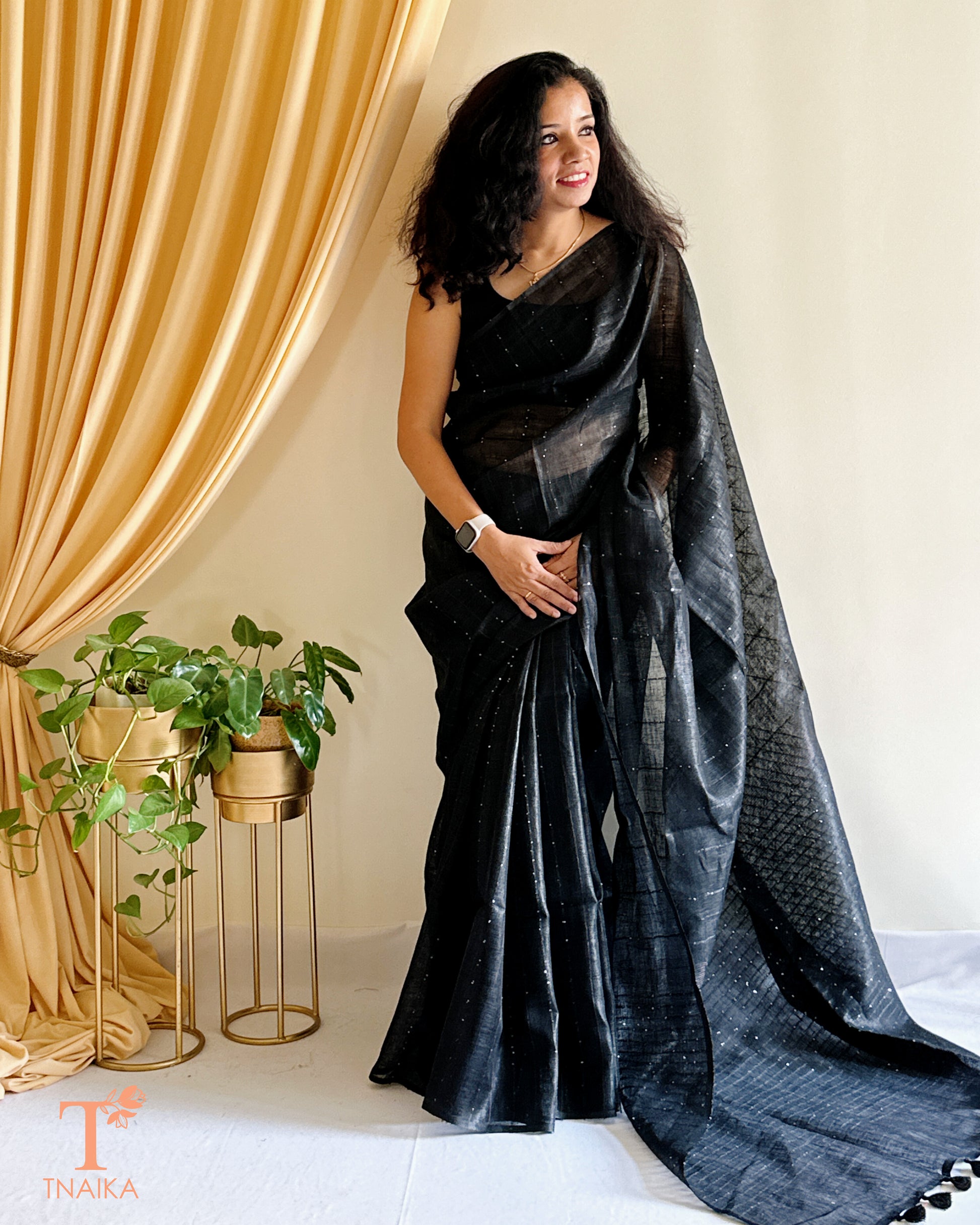 luxury linen saree for women with elegant sequence detailing