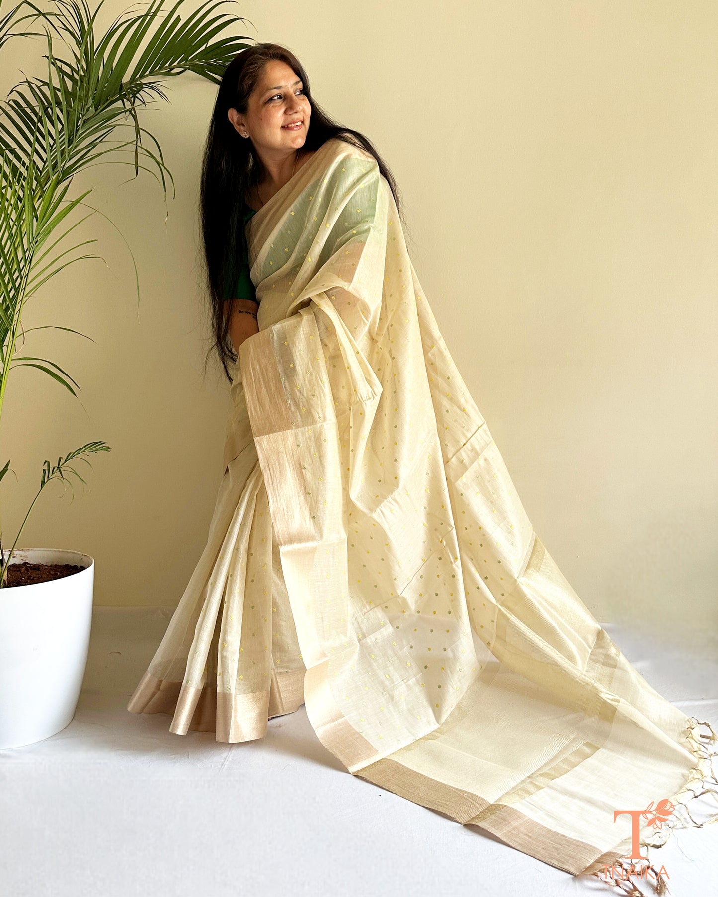 Close-up of buti work on premium tissue chanderi fabric
