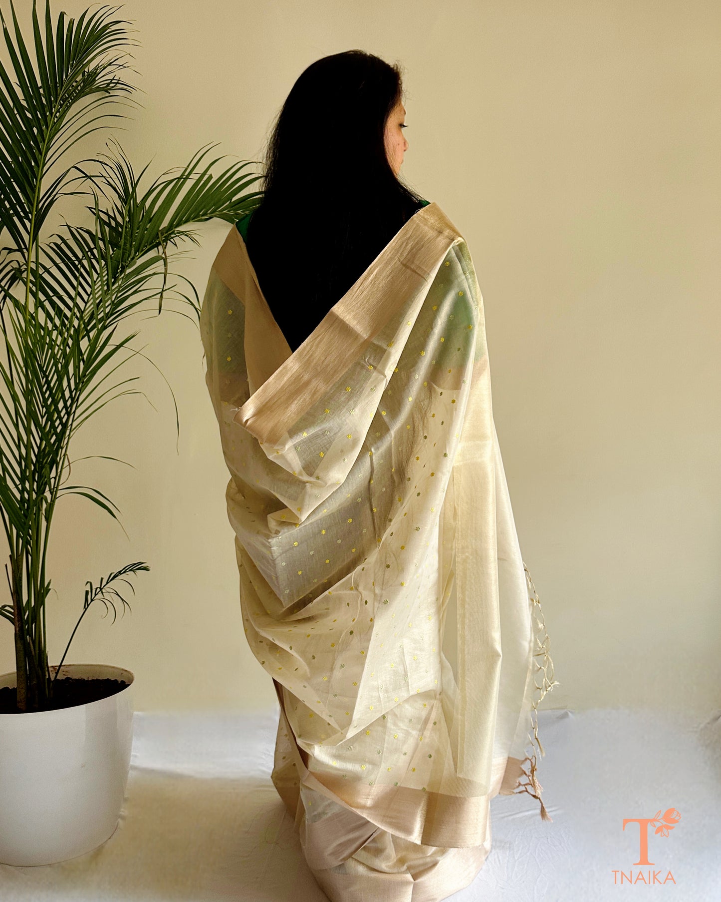 Minimal festive saree in tissue chanderi with airy drape