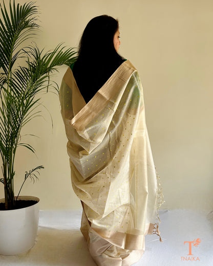 Minimal festive saree in tissue chanderi with airy drape