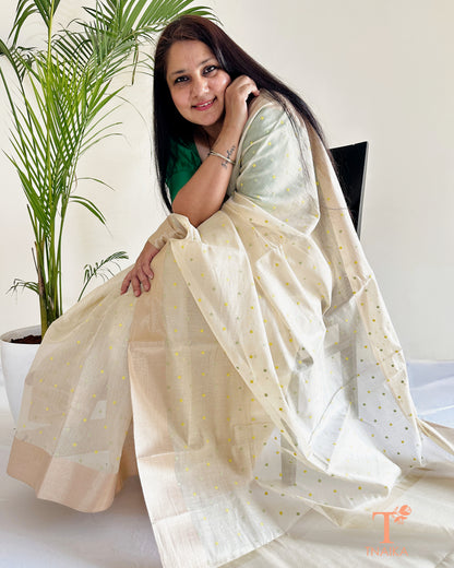 Ivory tissue chanderi saree with delicate green buti work