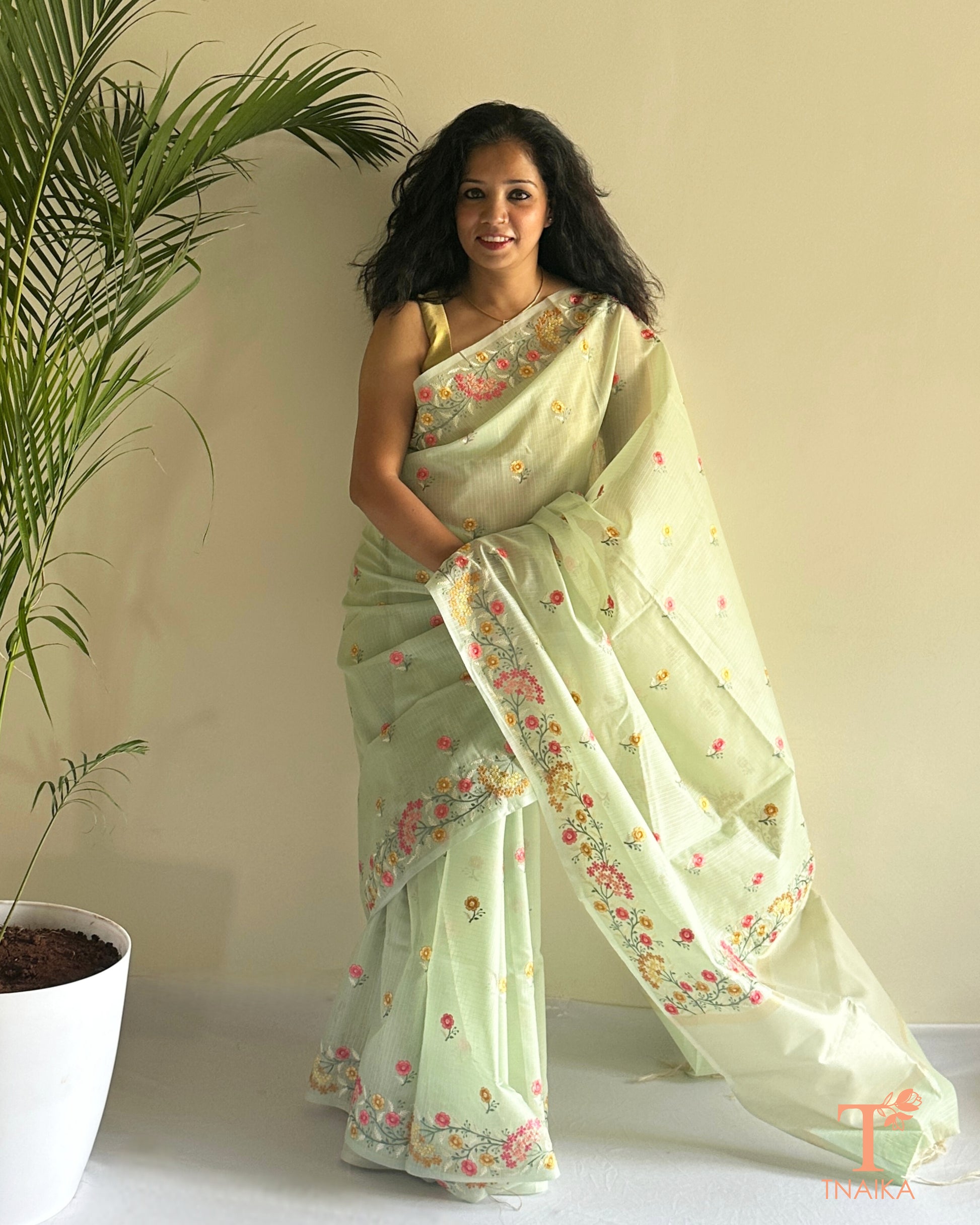 Lightweight kota silk saree featuring multicolor floral thread work border
