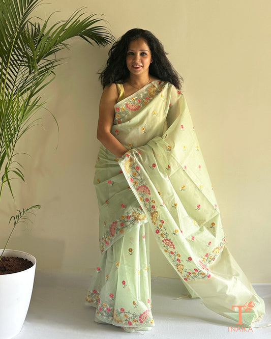 Lightweight kota silk saree featuring multicolor floral thread work border