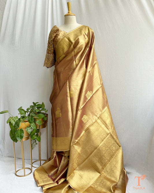 Golden premium art silk saree with rich woven pallu and border
